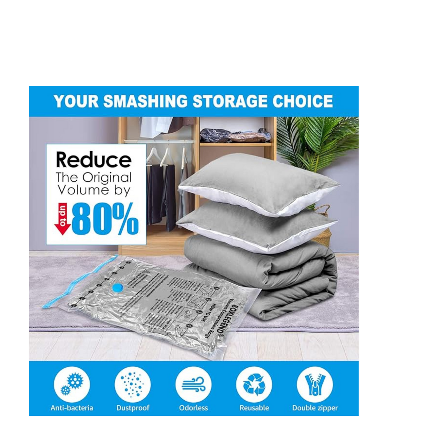 6 Medium Vacuum Storage Bags - Double-Zip Seal, Reusable Airtight Space Saver Bags for Duvets, Bedding, Clothes, Pillows - Organiser