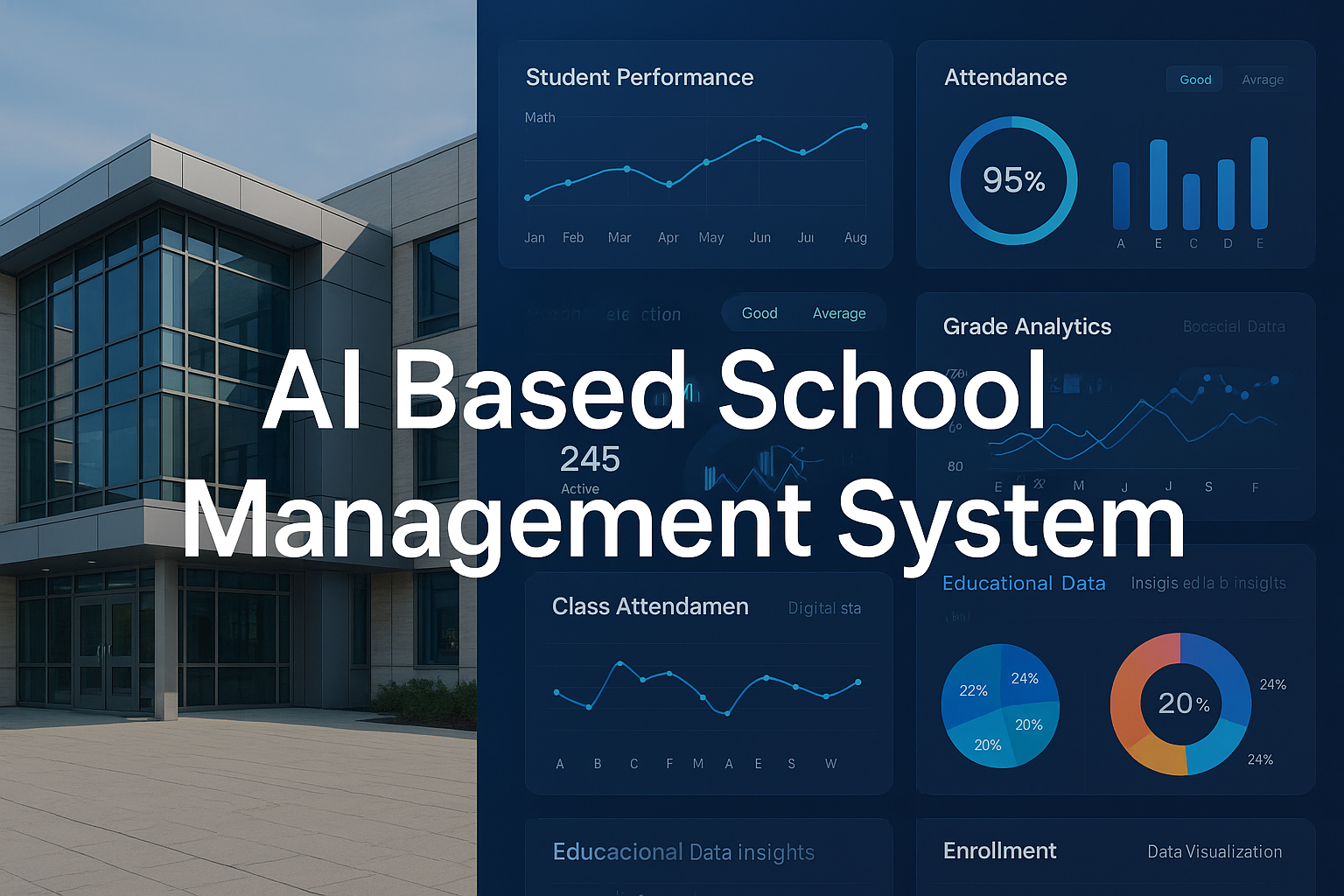 generate image for my our project section in which there will be title "AI Based School Management System" & some images of school and AI analytics dashboard in background.
