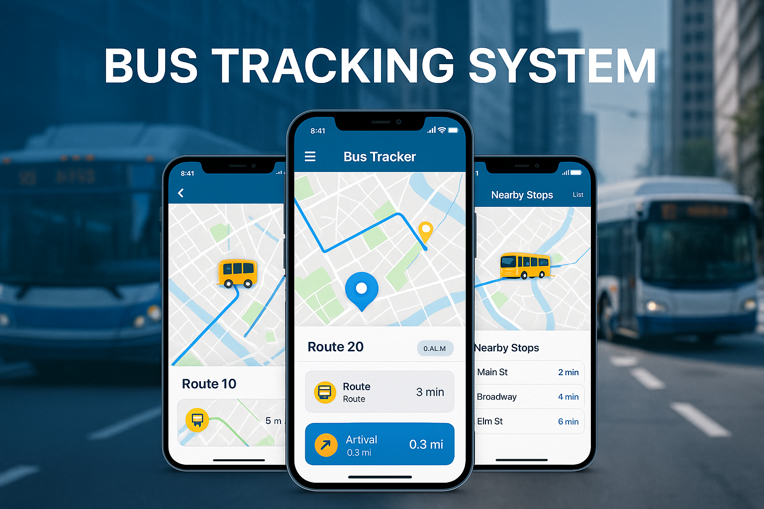 generate image for my our project section in which there will be title "Bus Tracking system" & some images of tracking app and bus in background