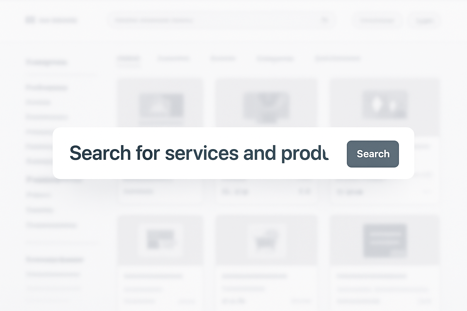 Salogen of "Search for services and products" and in back ground show website with 50% opacity